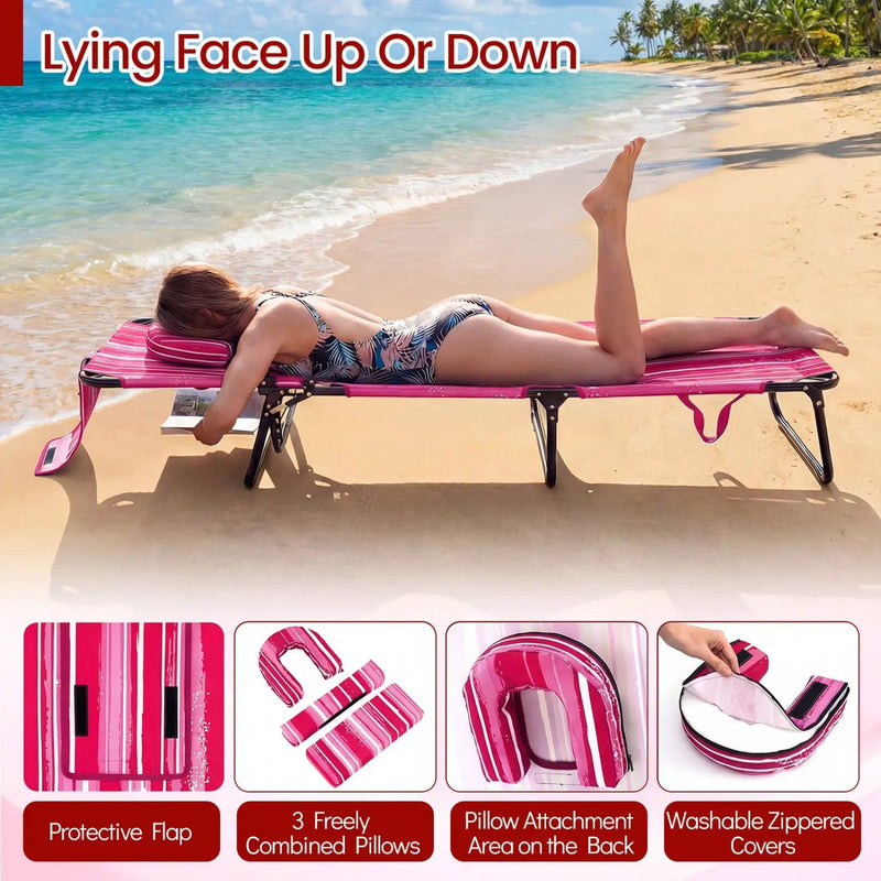 Folding Face Down Tanning Chair with Face Hole 3 Removable Pillows by DirectDeals