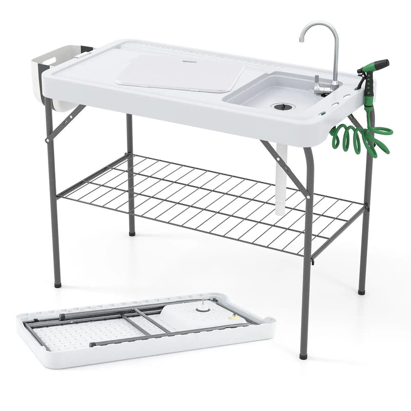 2 in 1 Folding Fish Cleaning Table with Sink and Faucet for Patio BBQ by DirectDeals