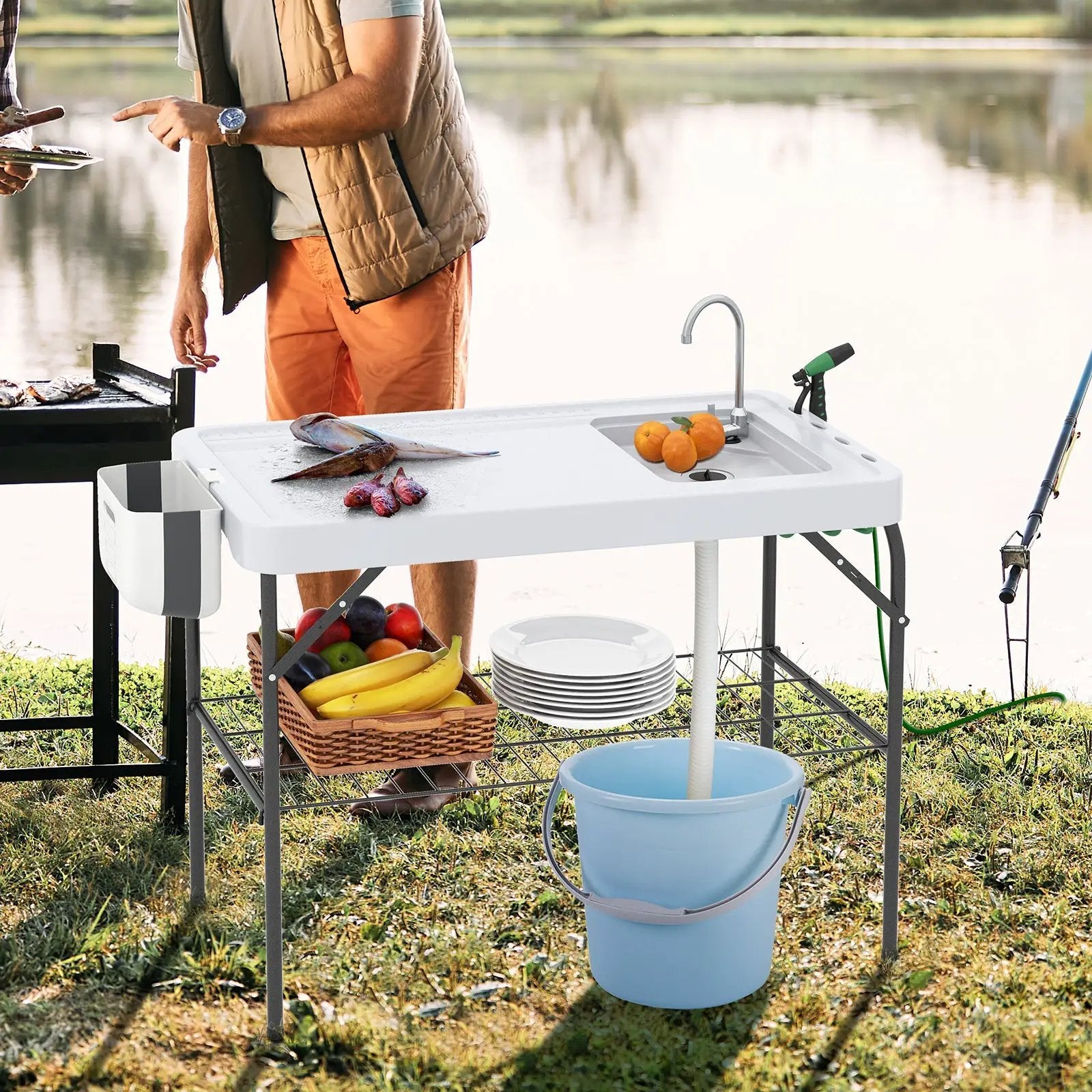2 in 1 Folding Fish Cleaning Table with Sink and Faucet for Patio BBQ by DirectDeals