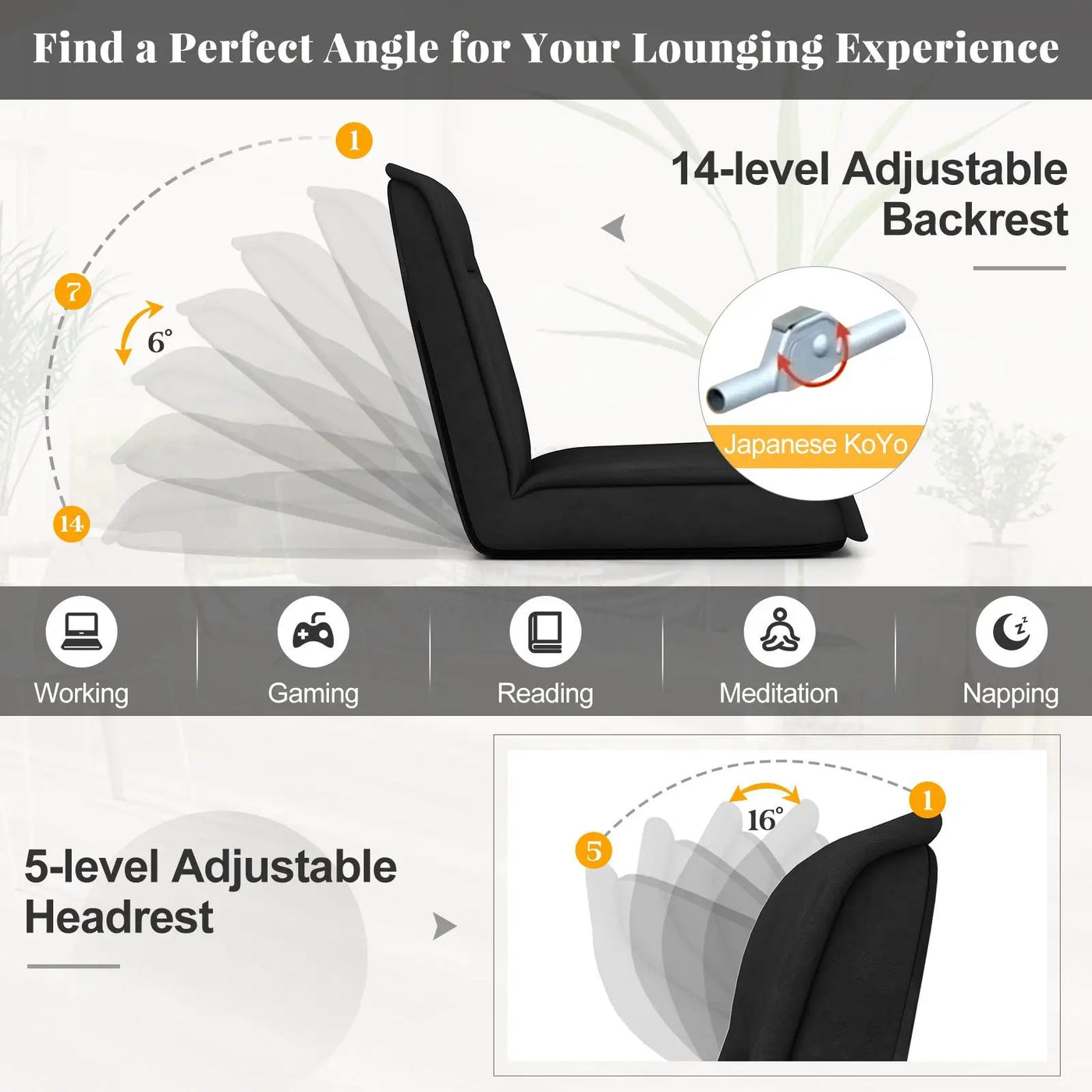 Folding Floor Chair Convertible Lazy Chair with 14-Poistion Adjustable Backrest by DirectDeals