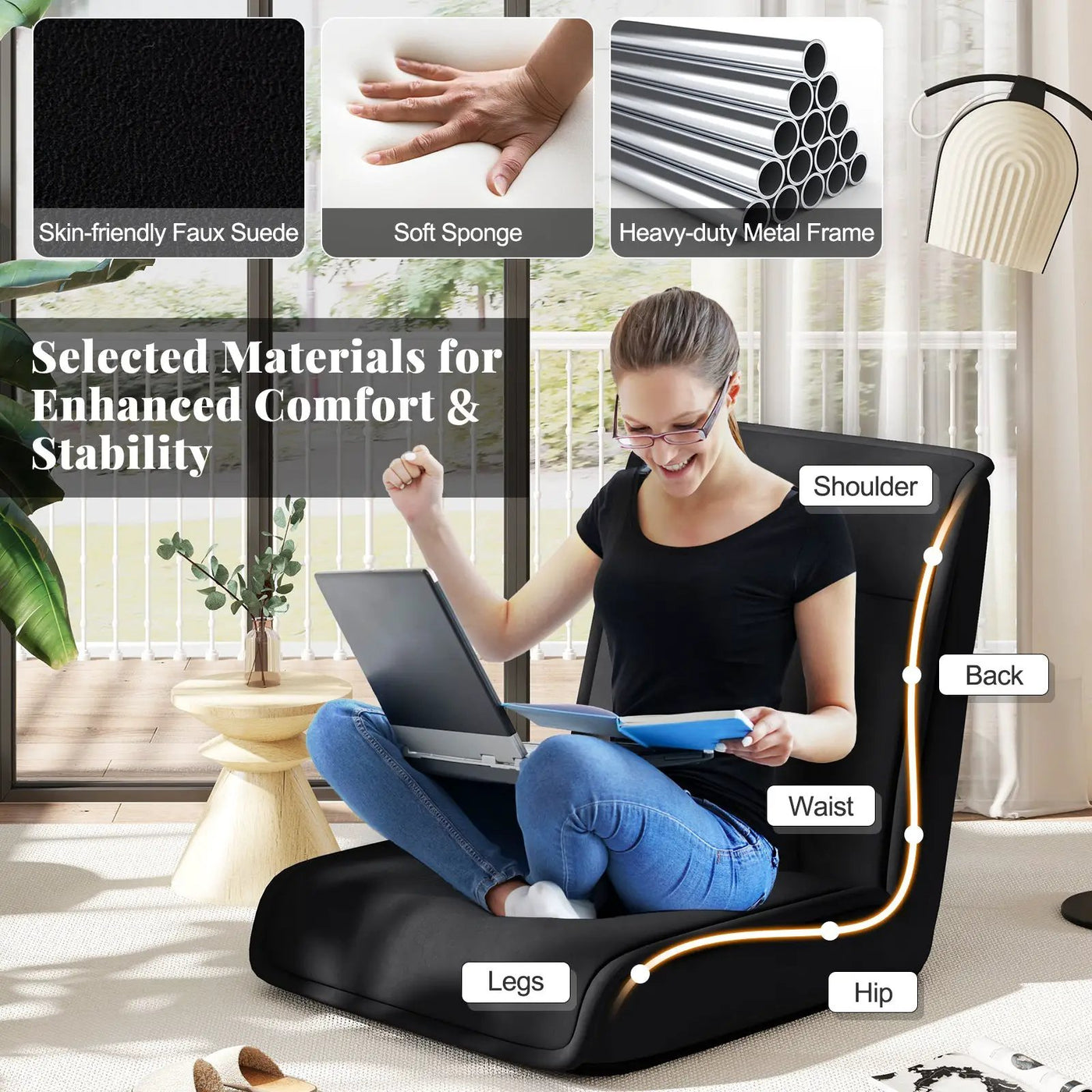 Folding Floor Chair Convertible Lazy Chair with 14-Poistion Adjustable Backrest by DirectDeals
