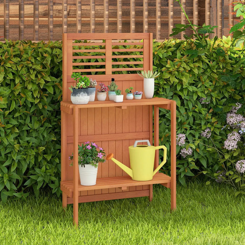 Folding Garden Potting Bench with 2-tier Storage Shelves and Teak Oil Finish for Garden Yard Balcony by DirectDeals