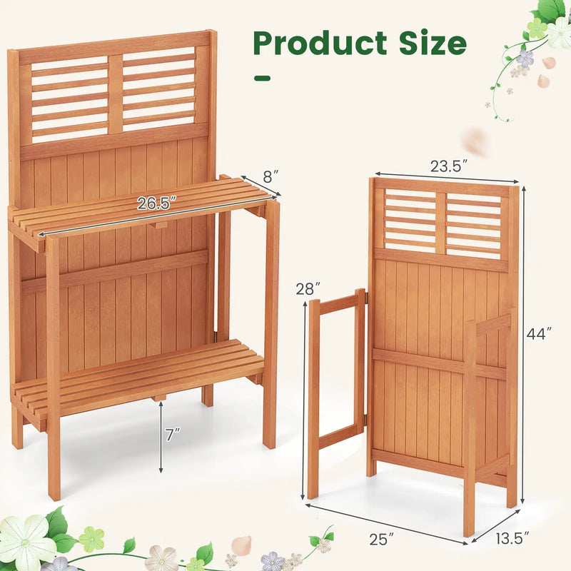 Folding Garden Potting Bench with 2-tier Storage Shelves and Teak Oil Finish for Garden Yard Balcony by DirectDeals