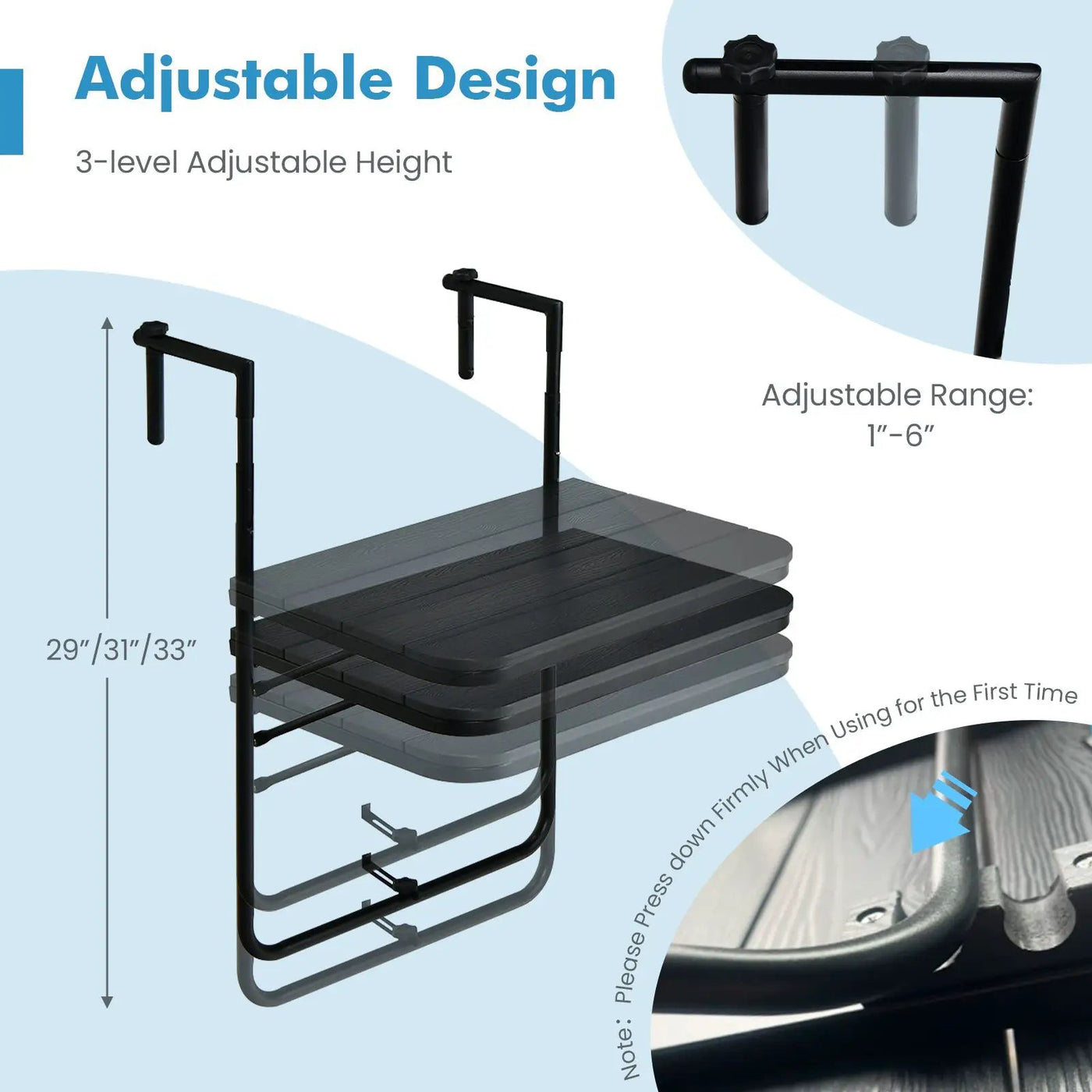 Folding Hanging Table with 3-Level Adjustable Height for Patio Balcony by DirectDeals