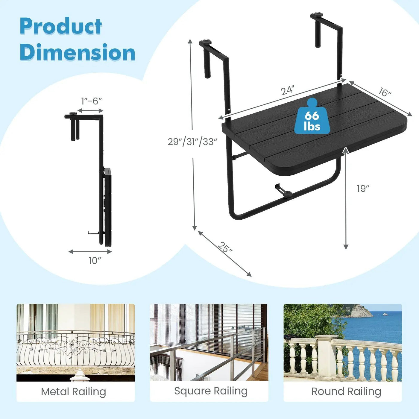 Folding Hanging Table with 3-Level Adjustable Height for Patio Balcony by DirectDeals