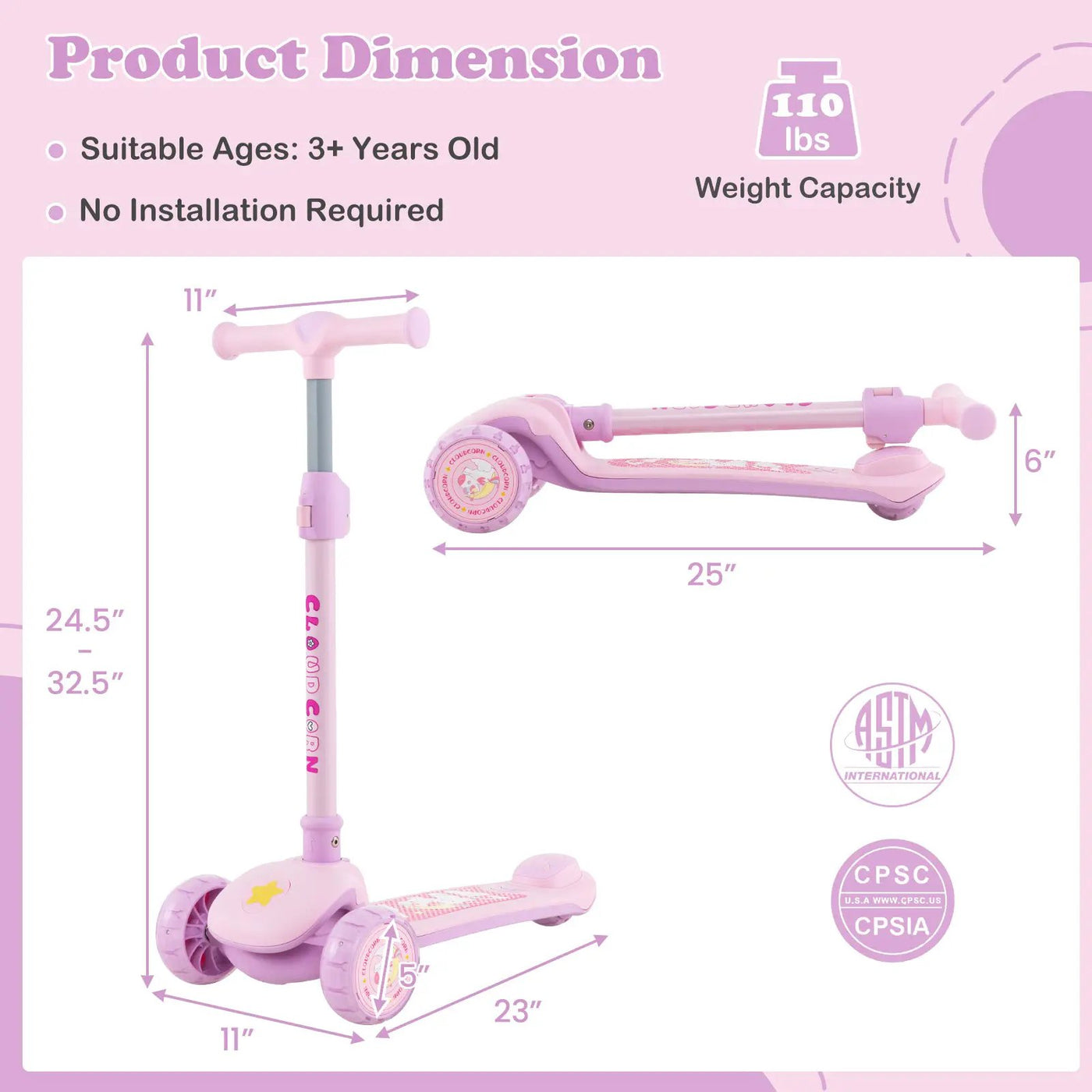 Folding Kids Scooter with Extra Wide Deck and LED Lighted PU Wheels by DirectDeals