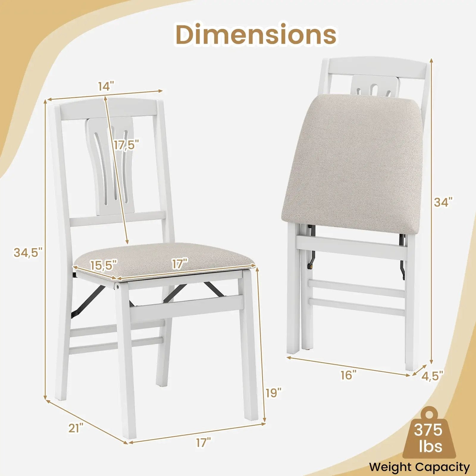 Folding Kitchen Chairs Set of 2 Upholstered Dining Chairs with Comfy Padded Seats-White by DirectDeals