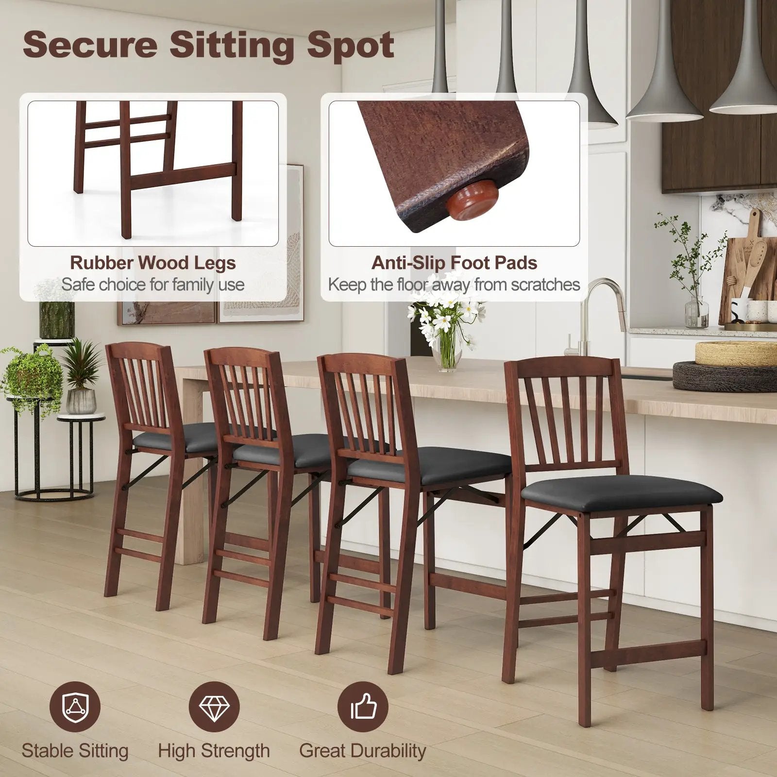 Set of 2 Counter Height Chairs Folding Kitchen Island Stool with Padded Seat-Brown by DirectDeals