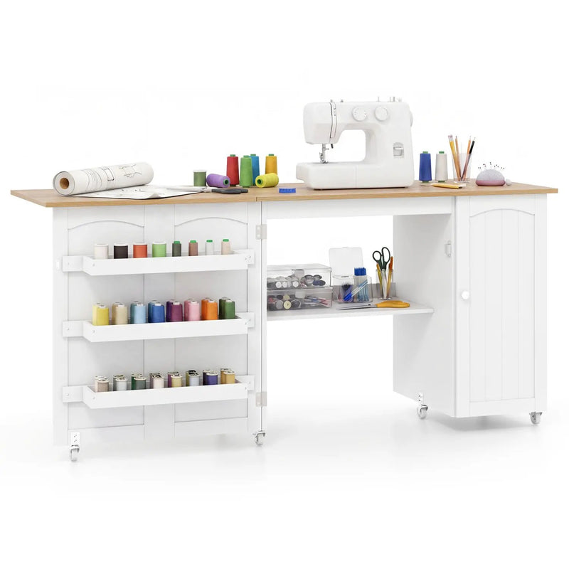Folding Sewing Table Shelves Storage Cabinet Craft Cart with Wheels by DirectDeals