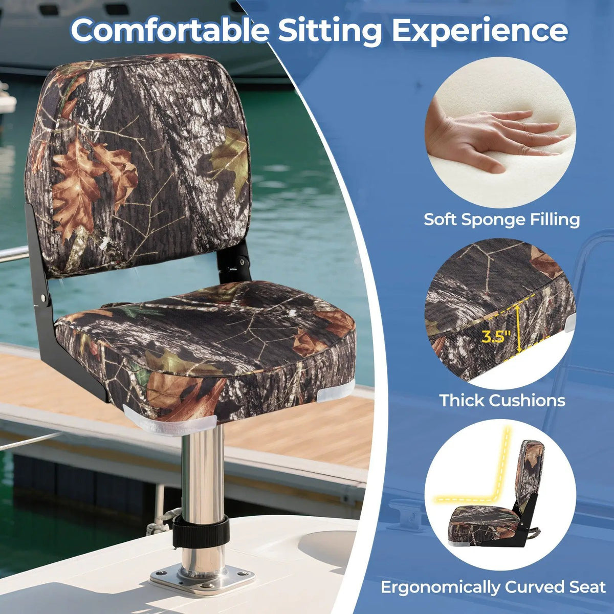 2-Pack Boat Seats Folding Low Back Boat Chairs Waterproof PVC Leather Cabin Seating by DirectDeals