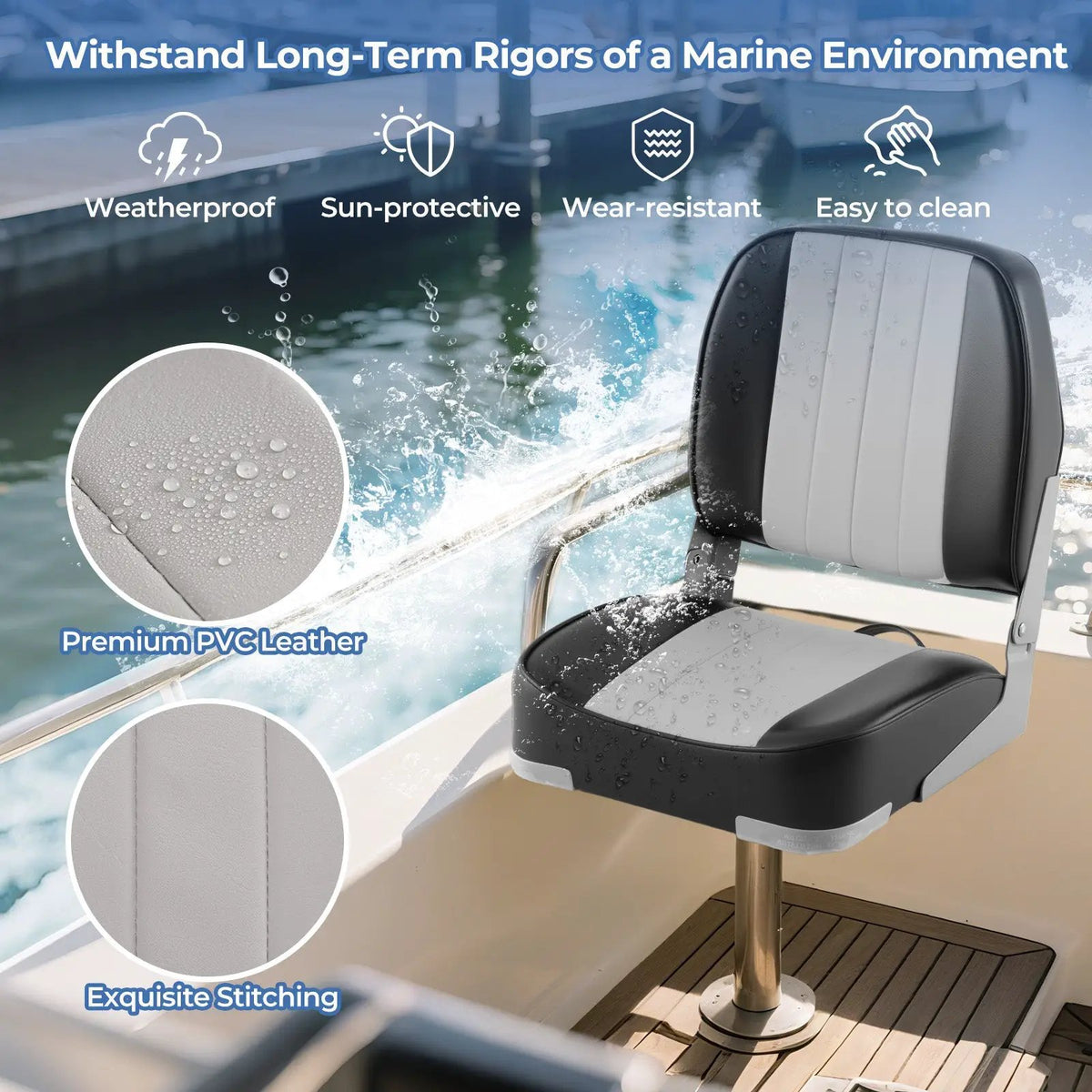 2-Pack Boat Seats Folding Low Back Boat Chairs Waterproof PVC Leather Cabin Seating by DirectDeals