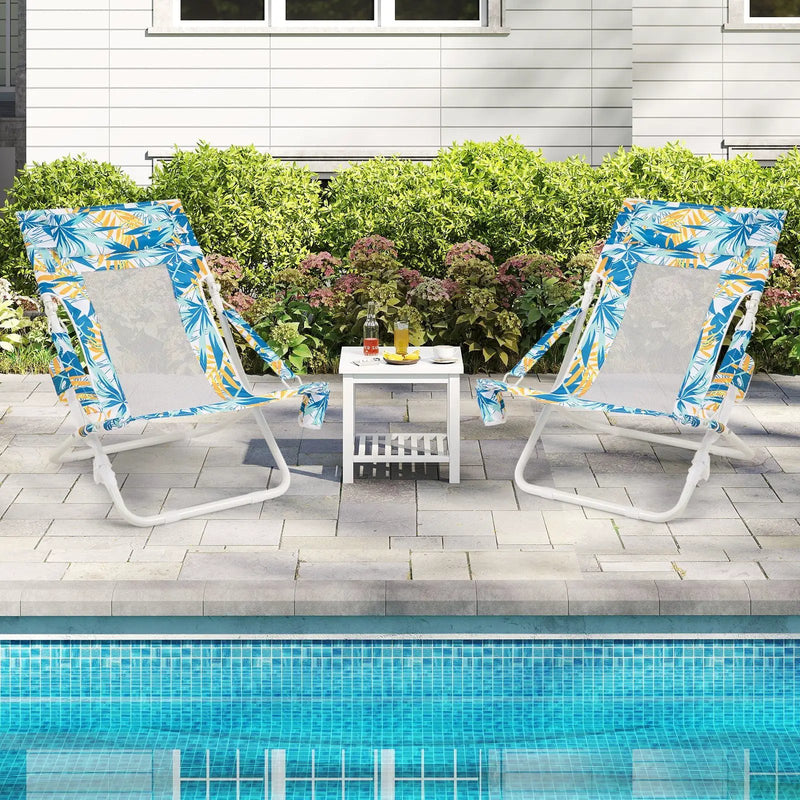Folding Low Beach Chair Set of 2 Patio Sling Chairs with Padded Head Pillow by DirectDeals