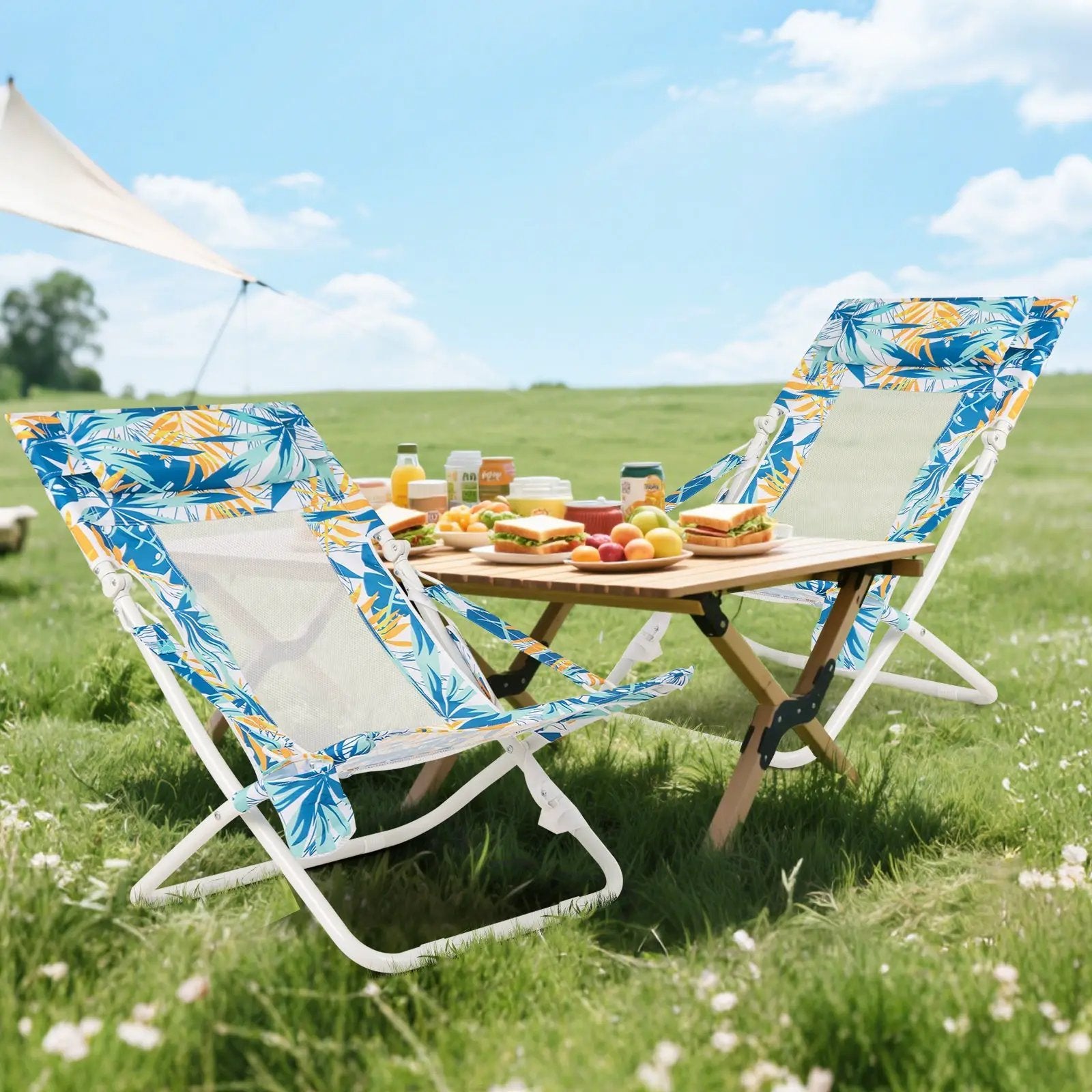 Folding Low Beach Chair Set of 2 Patio Sling Chairs with Padded Head Pillow by DirectDeals