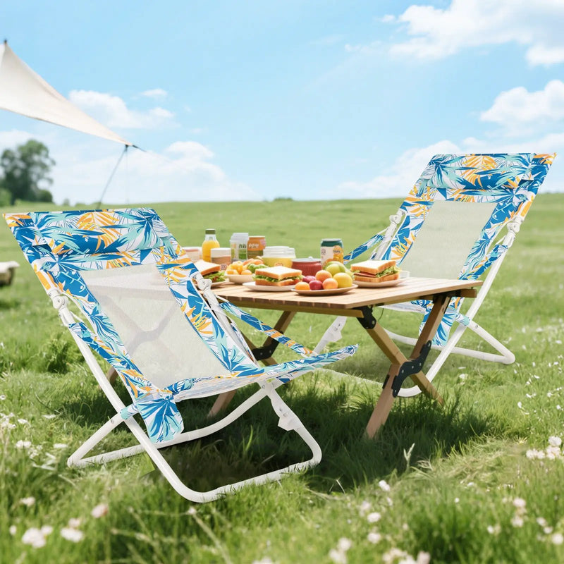 Folding Low Beach Chair Set of 2 Patio Sling Chairs with Padded Head Pillow by DirectDeals