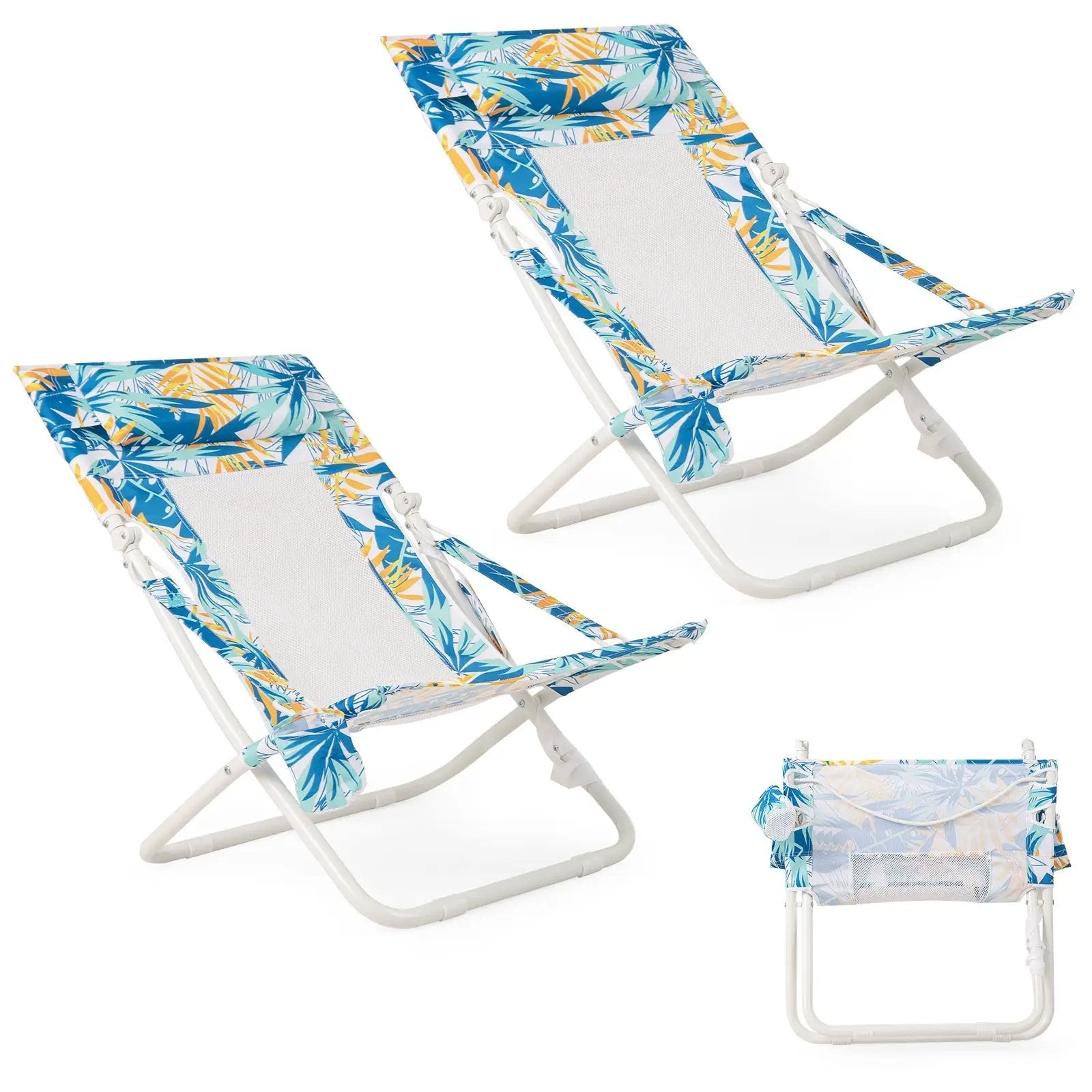 Folding Low Beach Chair Set of 2 Patio Sling Chairs with Padded Head Pillow by DirectDeals