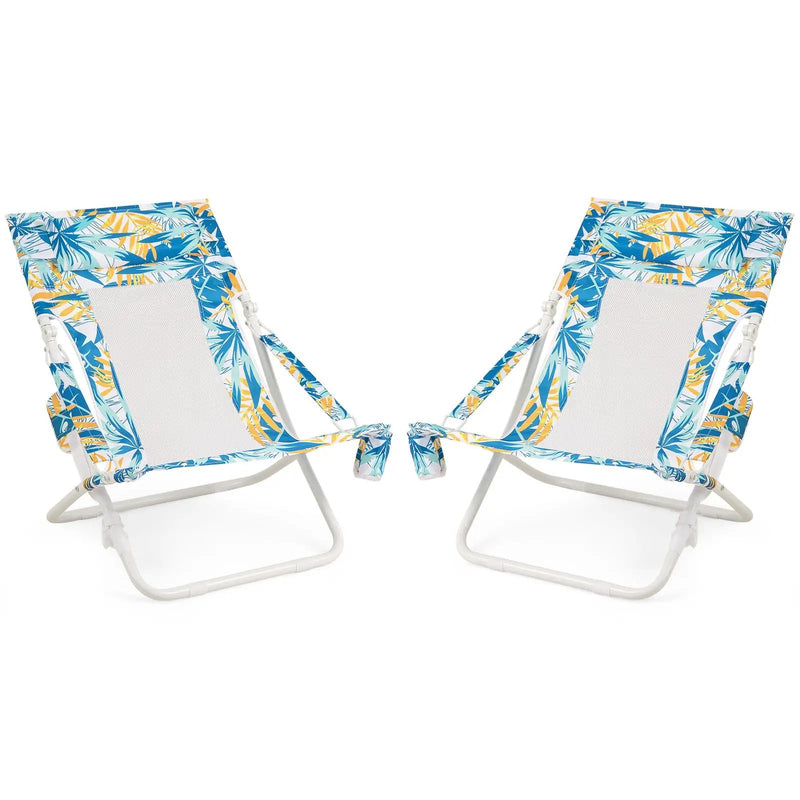 Folding Low Beach Chair Set of 2 Patio Sling Chairs with Padded Head Pillow by DirectDeals