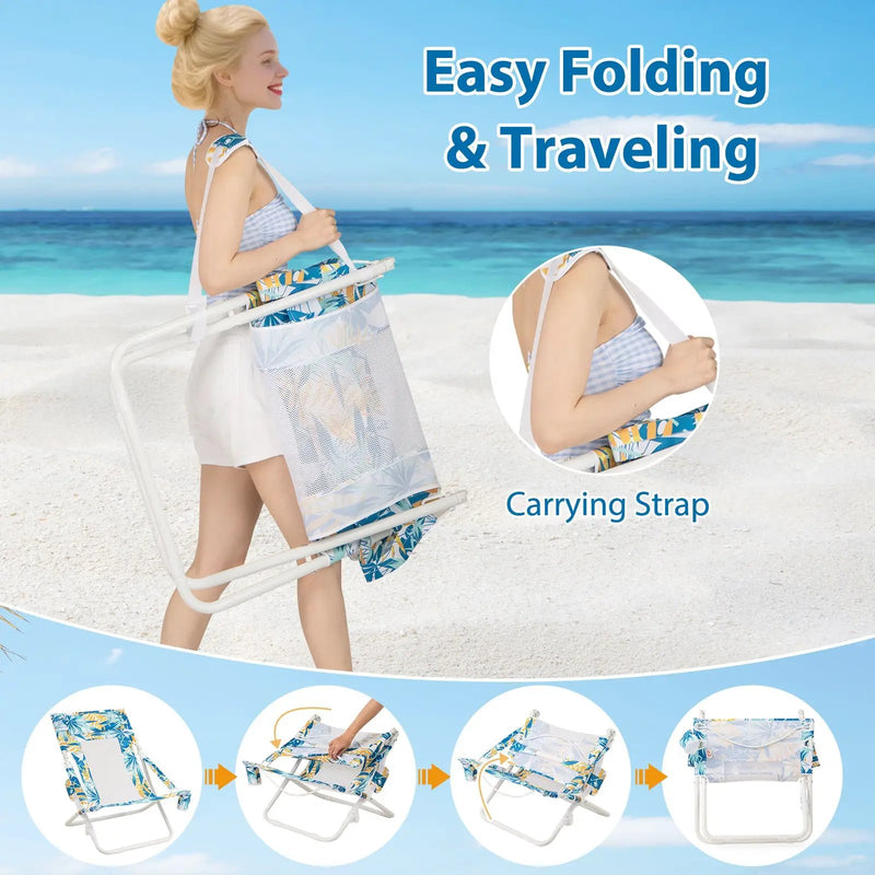 Folding Low Beach Chair Set of 2 Patio Sling Chairs with Padded Head Pillow by DirectDeals