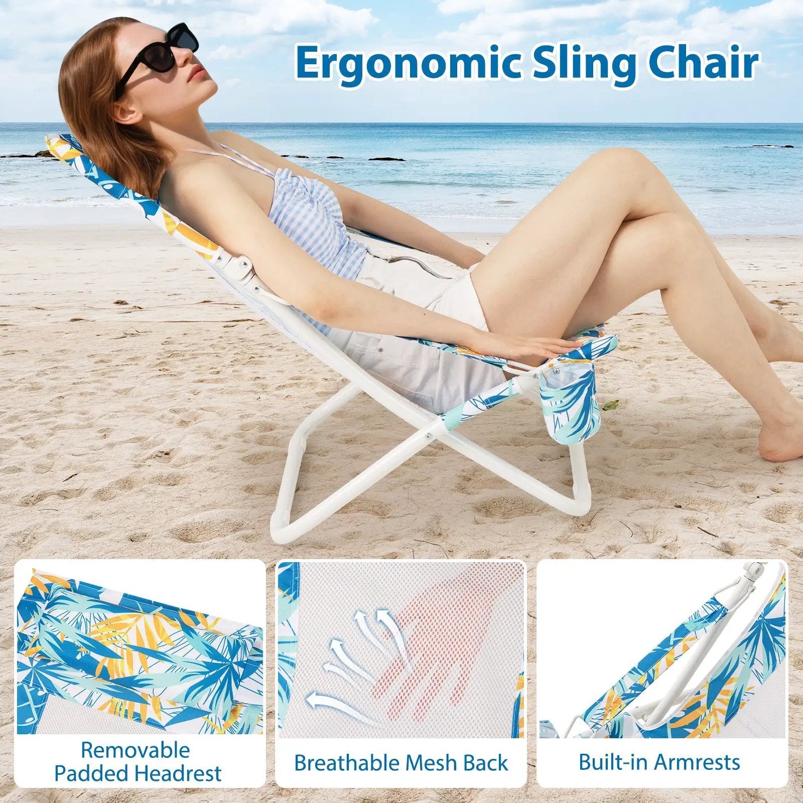 Folding Low Beach Chair Set of 2 Patio Sling Chairs with Padded Head Pillow by DirectDeals