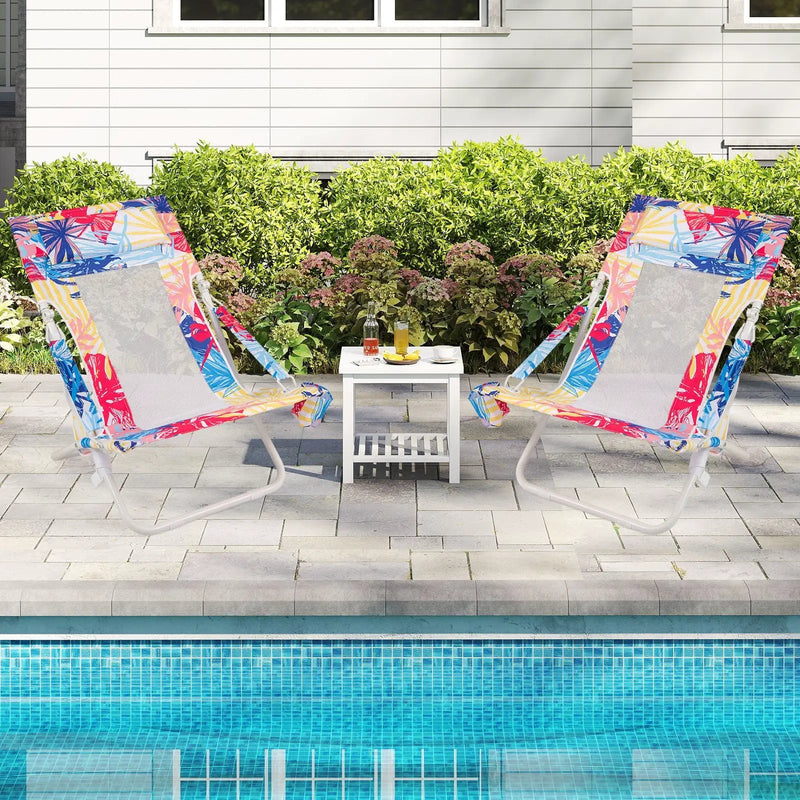 Folding Low Beach Chair Set of 2 Patio Sling Chairs with Padded Head Pillow by DirectDeals