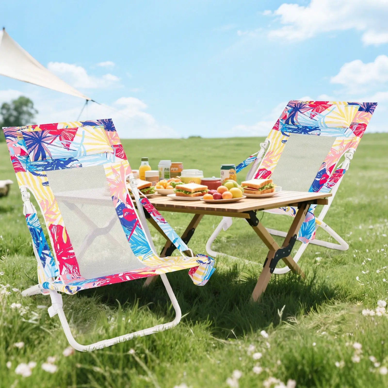 Folding Low Beach Chair Set of 2 Patio Sling Chairs with Padded Head Pillow by DirectDeals