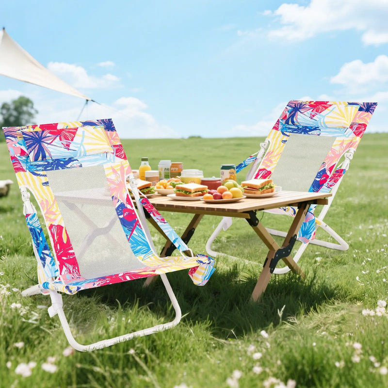 Folding Low Beach Chair Set of 2 Patio Sling Chairs with Padded Head Pillow by DirectDeals