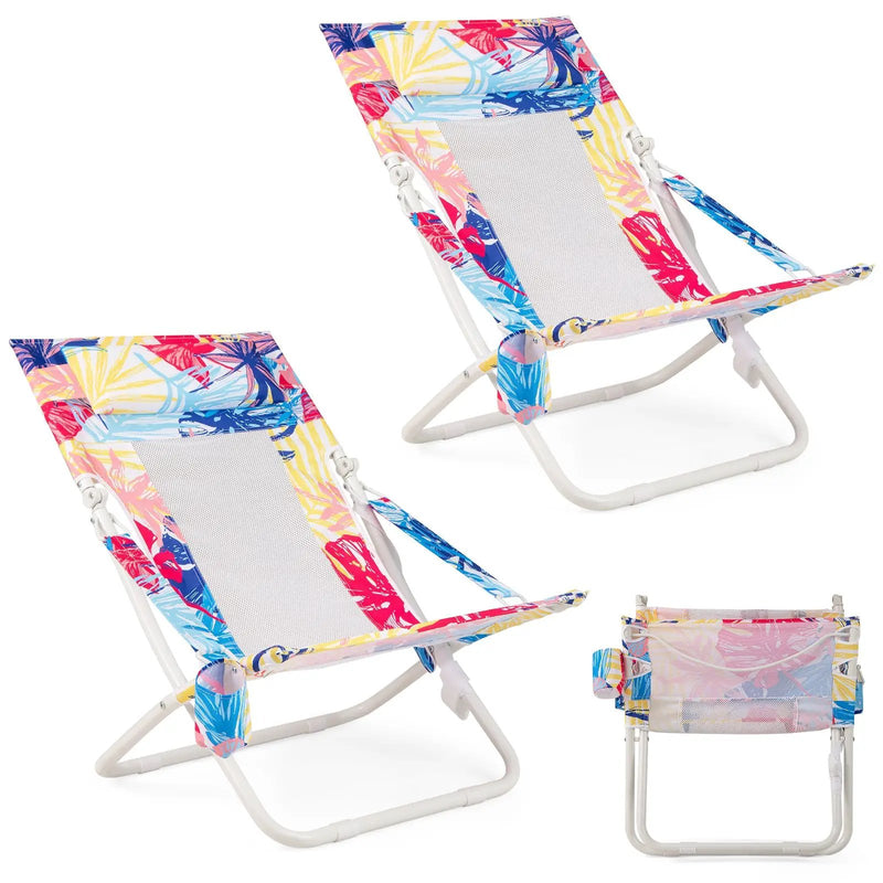 Folding Low Beach Chair Set of 2 Patio Sling Chairs with Padded Head Pillow by DirectDeals