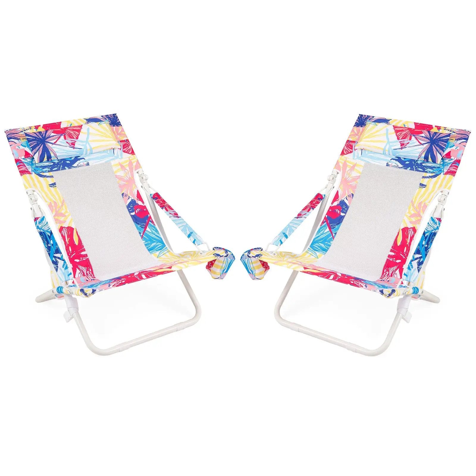 Folding Low Beach Chair Set of 2 Patio Sling Chairs with Padded Head Pillow by DirectDeals