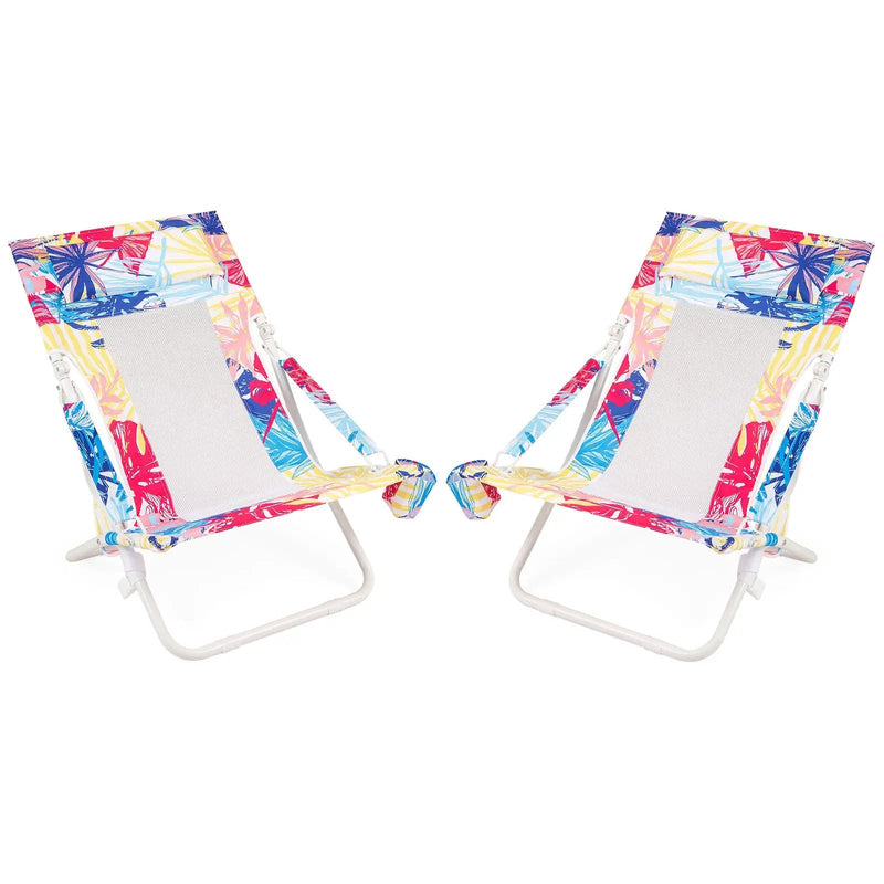 Folding Low Beach Chair Set of 2 Patio Sling Chairs with Padded Head Pillow by DirectDeals