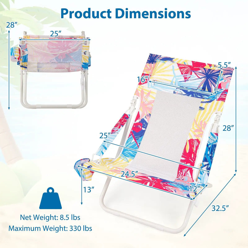 Folding Low Beach Chair Set of 2 Patio Sling Chairs with Padded Head Pillow by DirectDeals