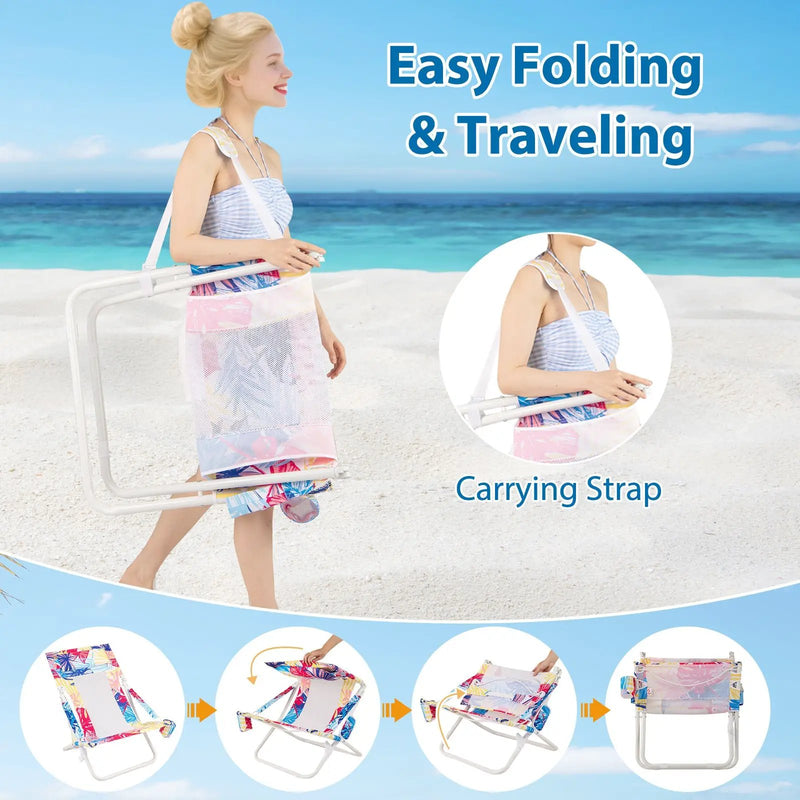 Folding Low Beach Chair Set of 2 Patio Sling Chairs with Padded Head Pillow by DirectDeals