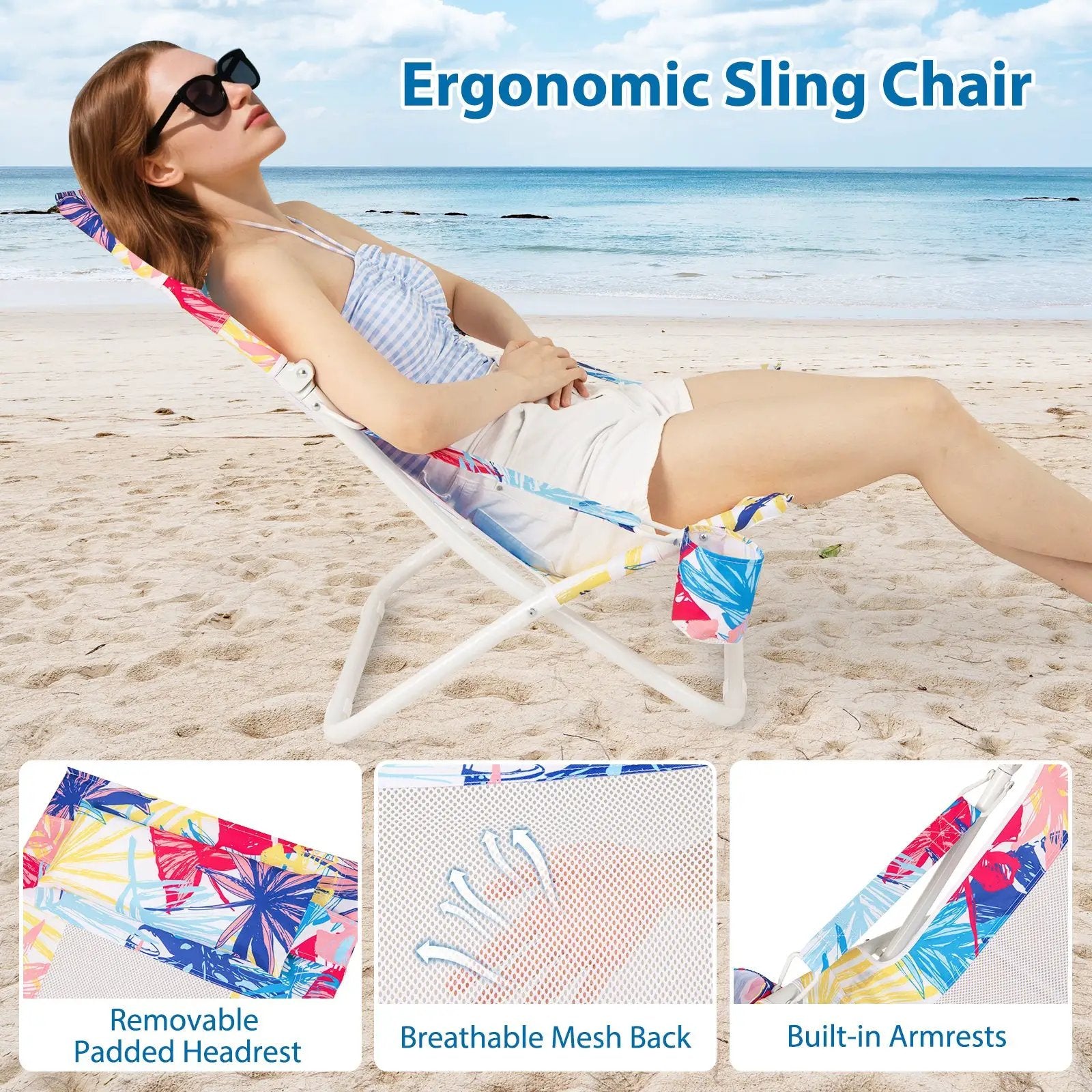 Folding Low Beach Chair Set of 2 Patio Sling Chairs with Padded Head Pillow by DirectDeals