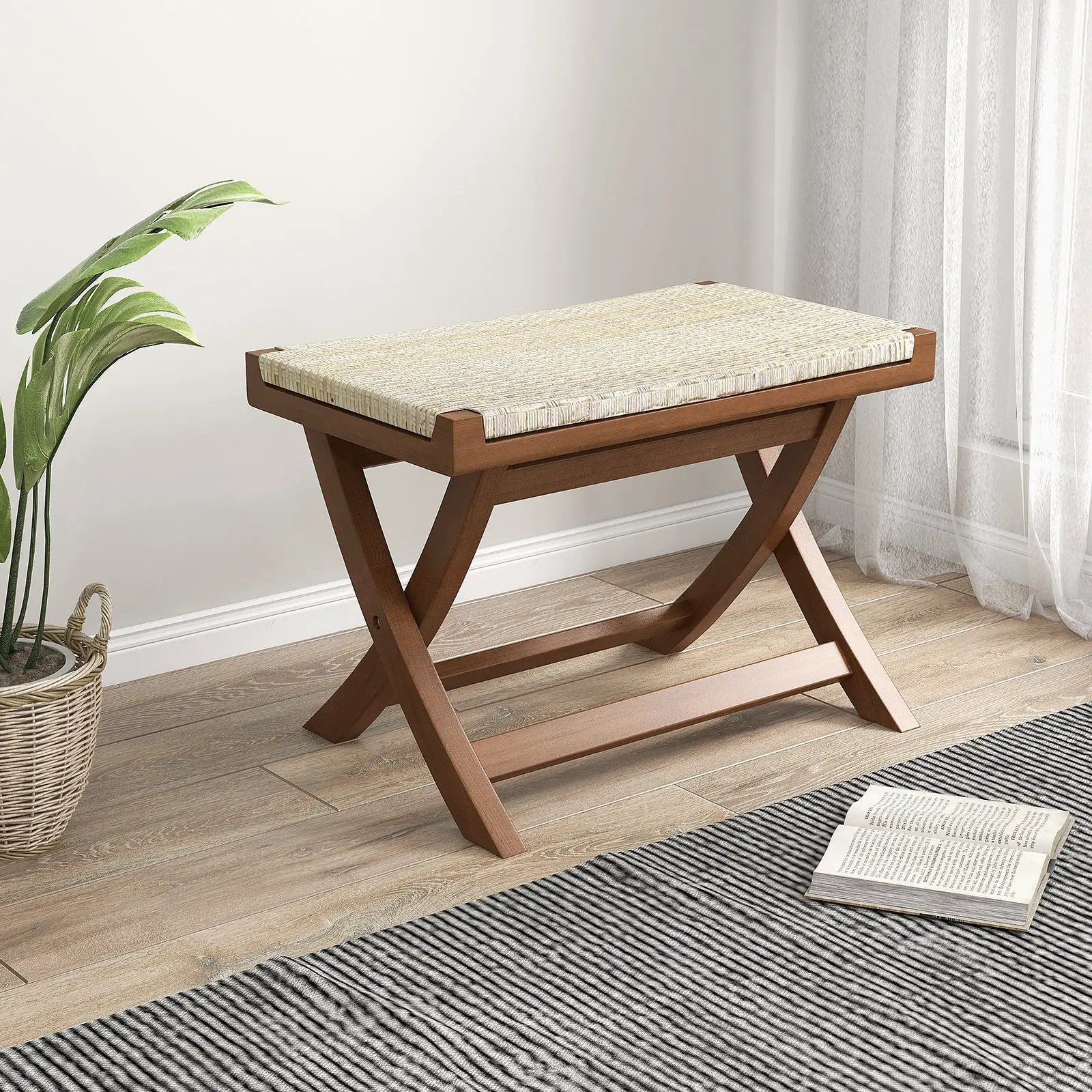 Folding Natural Rattan Ottoman with Hand-woven Seat by DirectDeals