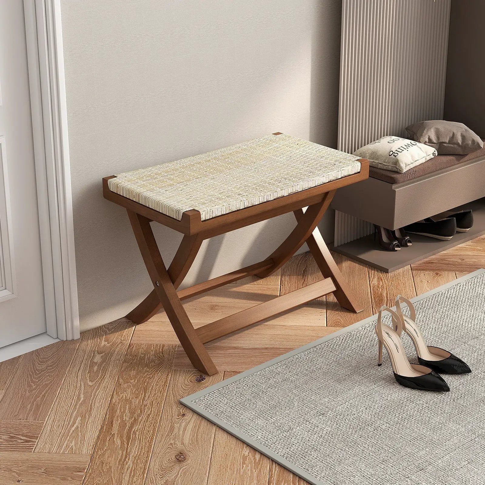Folding Natural Rattan Ottoman with Hand-woven Seat by DirectDeals