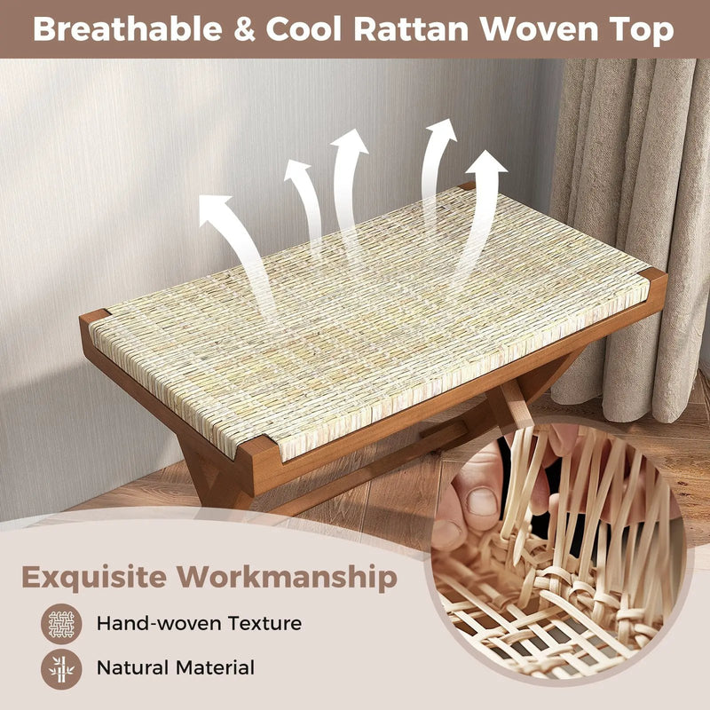 Folding Natural Rattan Ottoman with Hand-woven Seat by DirectDeals