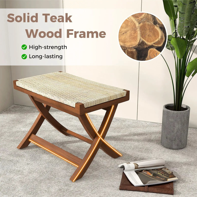 Folding Natural Rattan Ottoman with Hand-woven Seat by DirectDeals