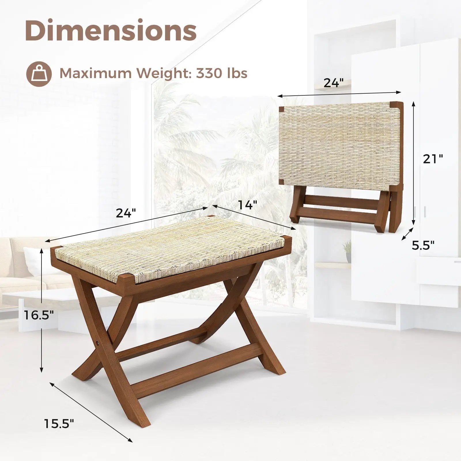 Folding Natural Rattan Ottoman with Hand-woven Seat by DirectDeals