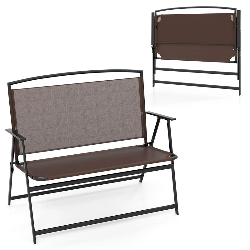 Folding Outdoor Garden Bench 2-Person Patio Bench with Backrest and Armrests-Brown by DirectDeals
