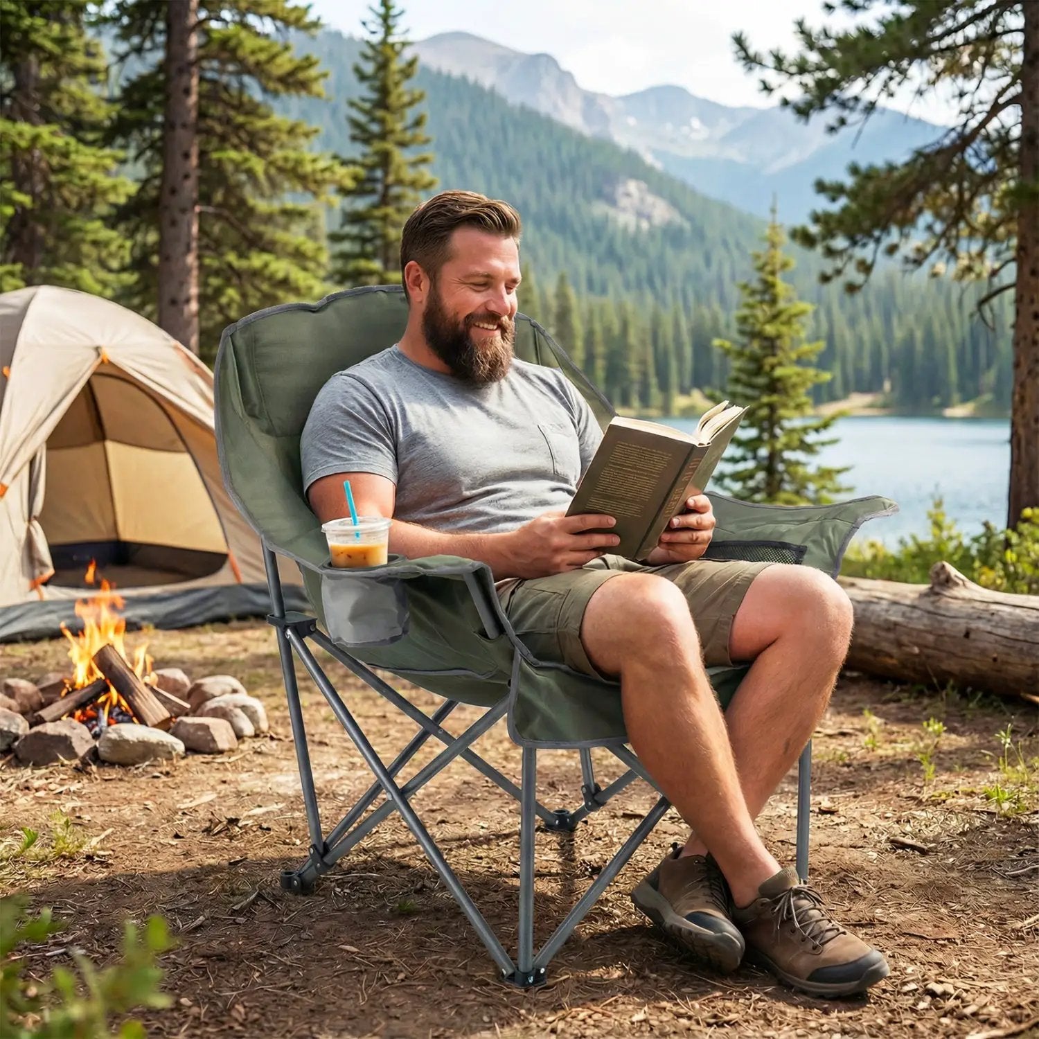 Folding Oversized Camping Chair with Side Pockets and Cup Holder by DirectDeals
