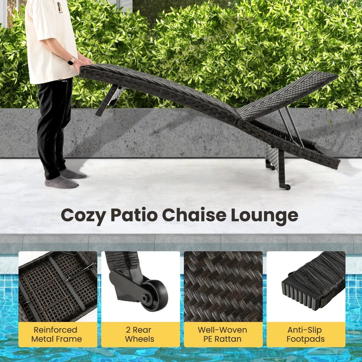 Folding Rattan Chaise Lounge Set of 2 with Adjustable Backrest by DirectDeals