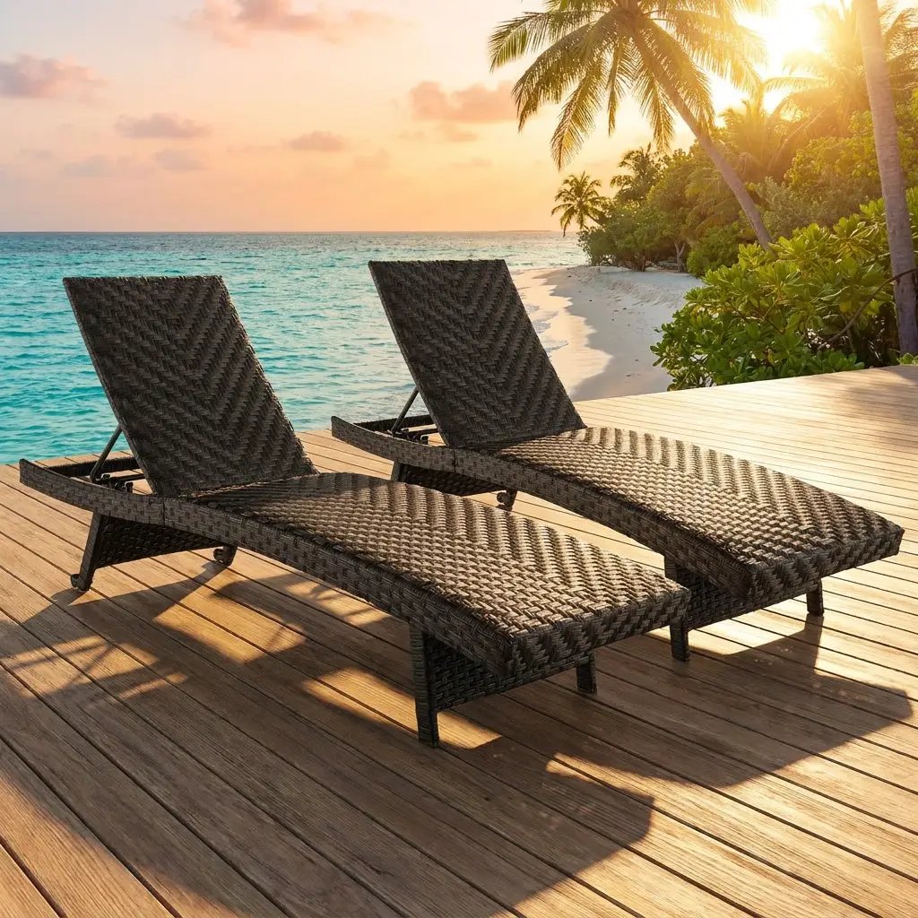 Folding Rattan Chaise Lounge Set of 2 with Adjustable Backrest by DirectDeals