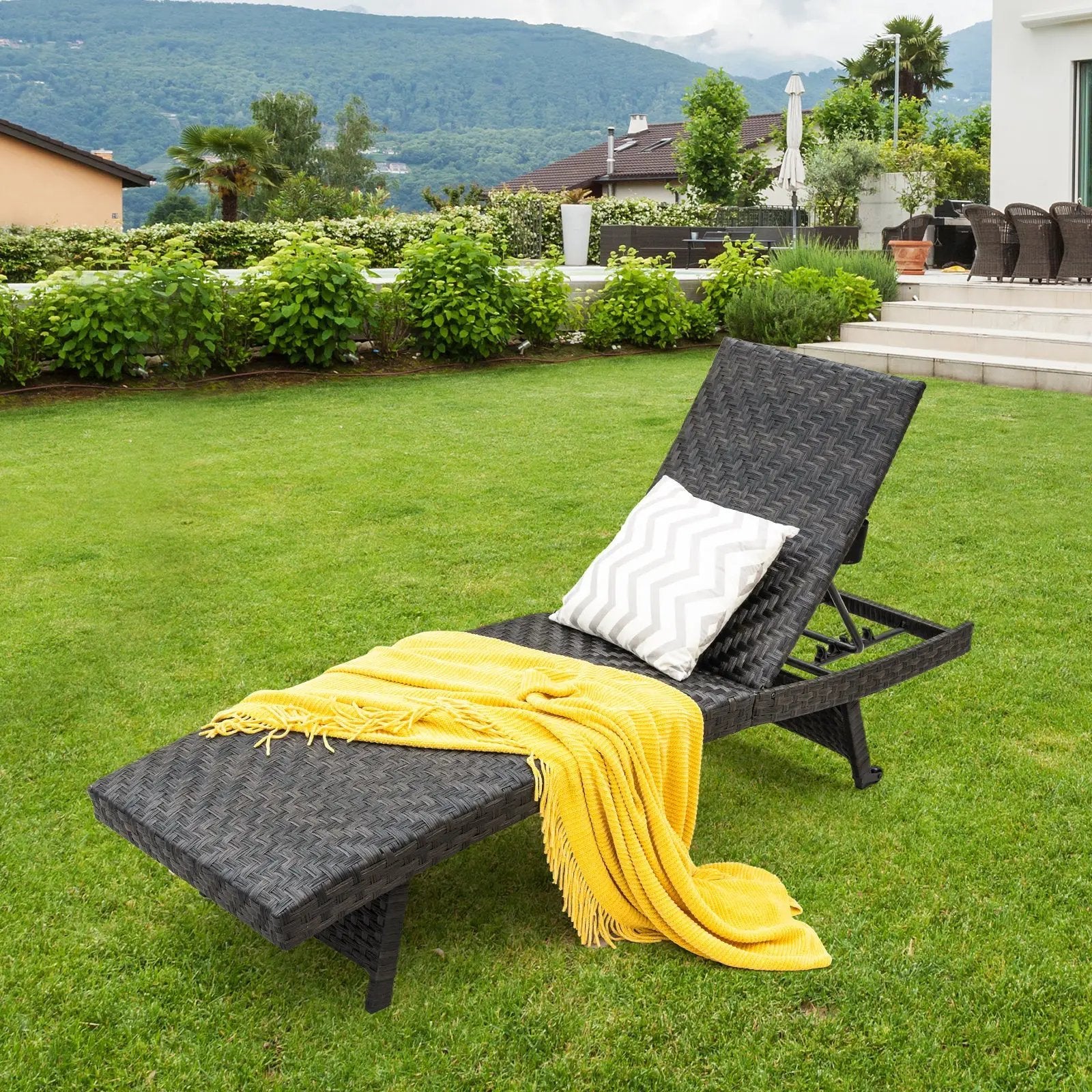 Folding Padded Rattan Patio Chaise Lounge with Adjustable Backrest and Quick Dry Foam All Weather by DirectDeals