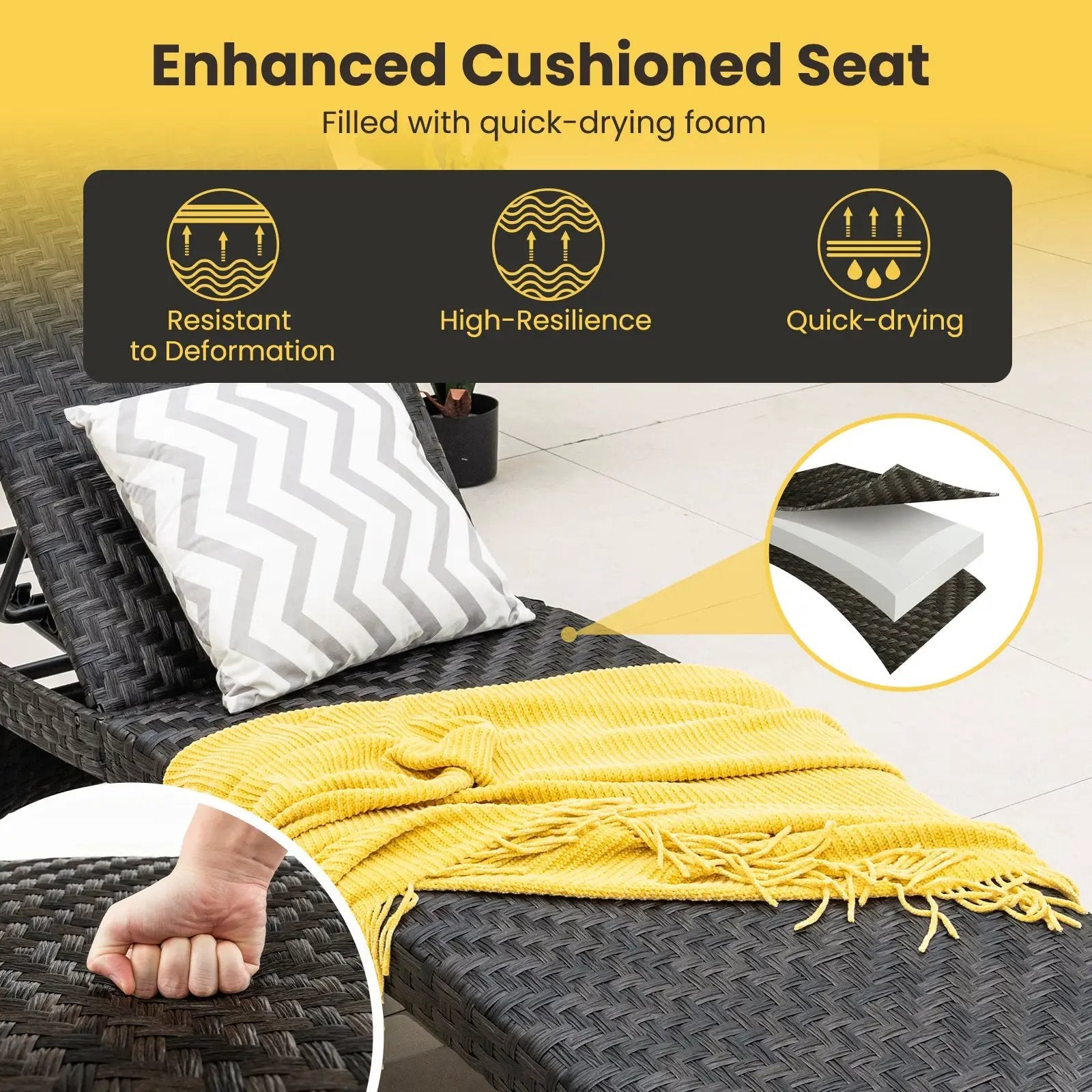 Folding Padded Rattan Patio Chaise Lounge with Adjustable Backrest and Quick Dry Foam All Weather by DirectDeals