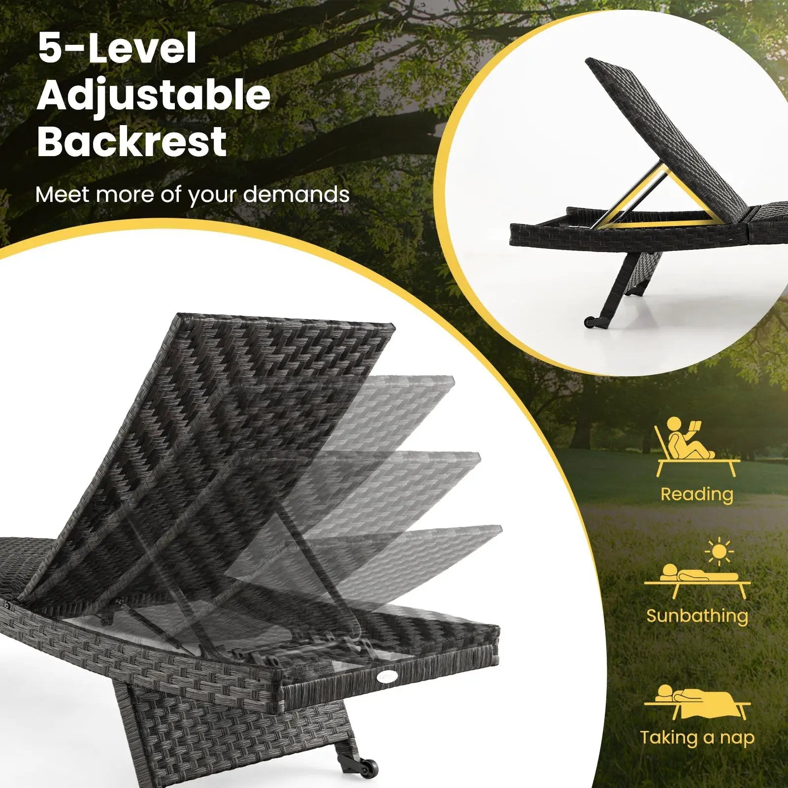 Folding Padded Rattan Patio Chaise Lounge with Adjustable Backrest and Quick Dry Foam All Weather by DirectDeals