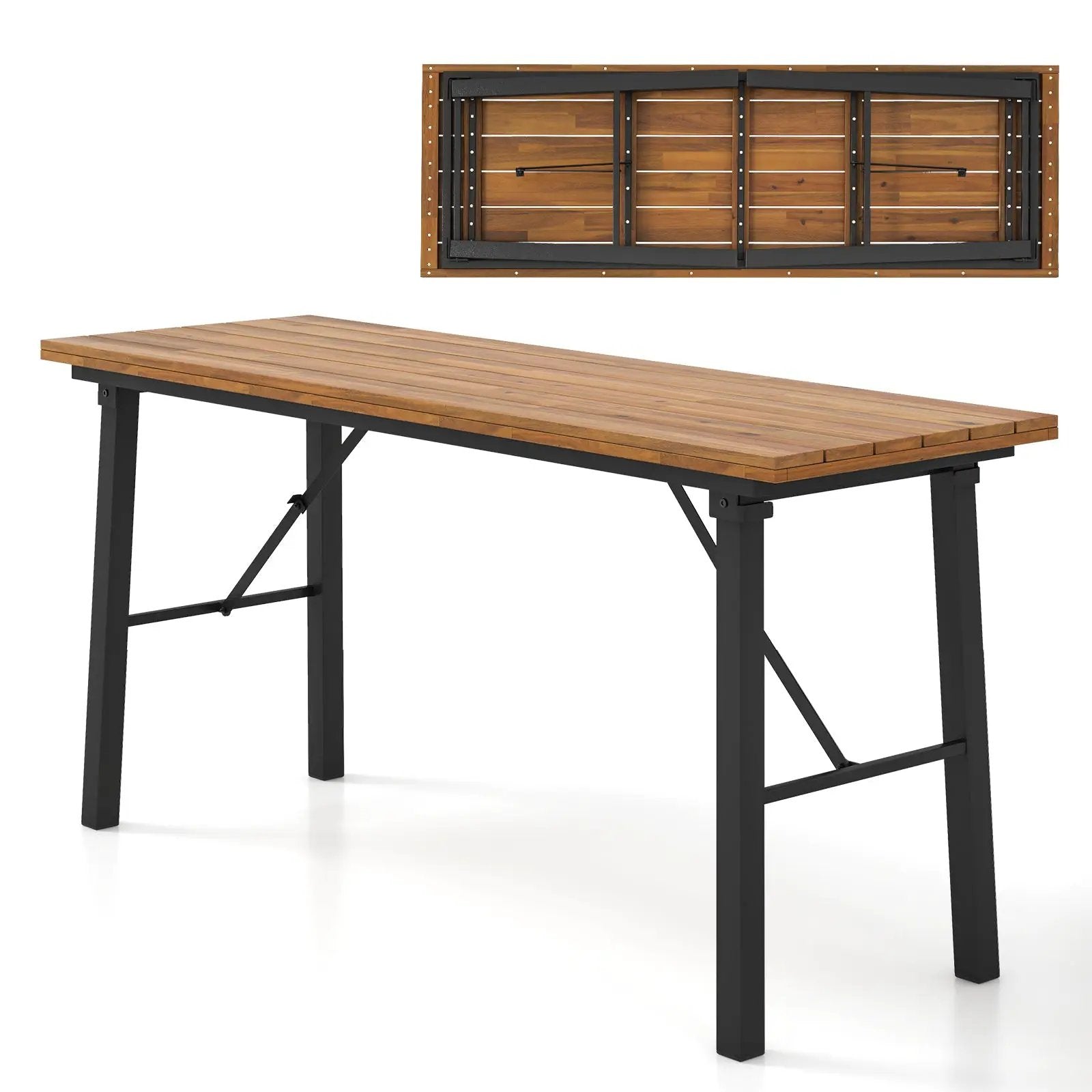 Folding Picnic Table Acacia Wood Dining Table with Metal Frame for Indoor Outdoor Activities by DirectDeals