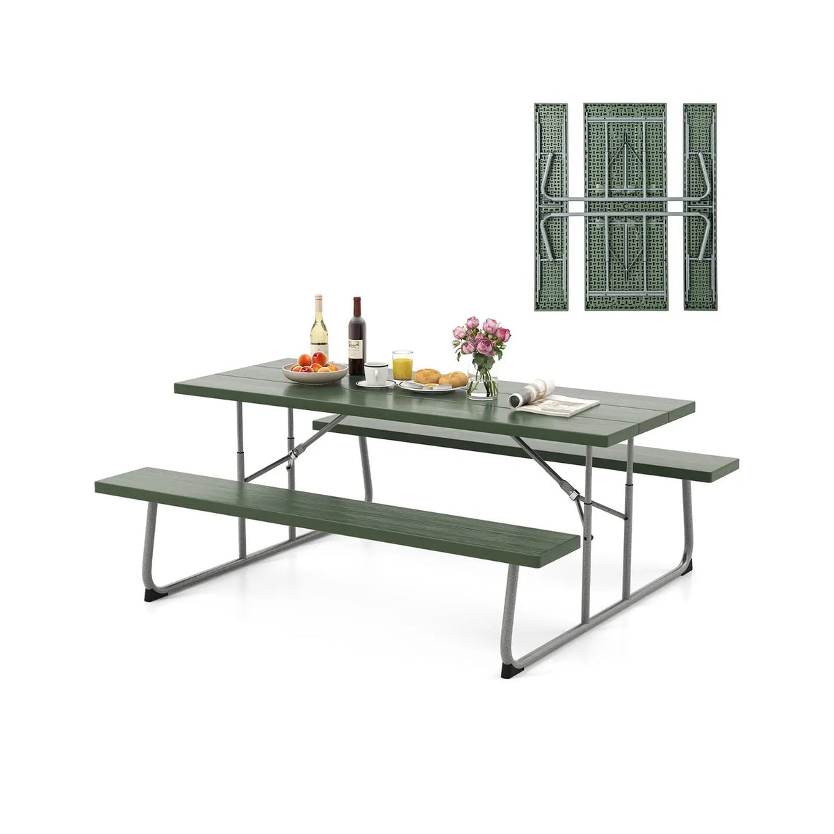 Folding Picnic Table Set with Metal Frame and All-Weather HDPE Tabletop Umbrella Hole by DirectDeals