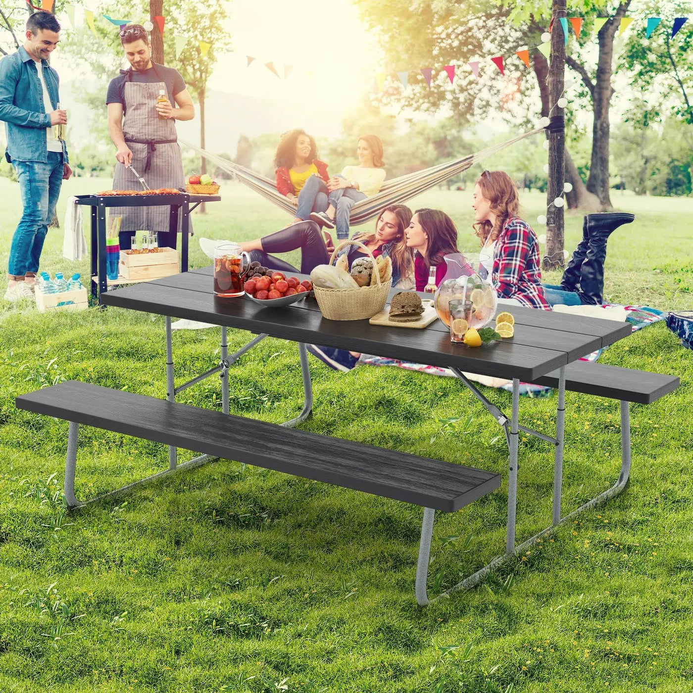 Folding Picnic Table Set with Metal Frame and All-Weather HDPE Tabletop Umbrella Hole by DirectDeals