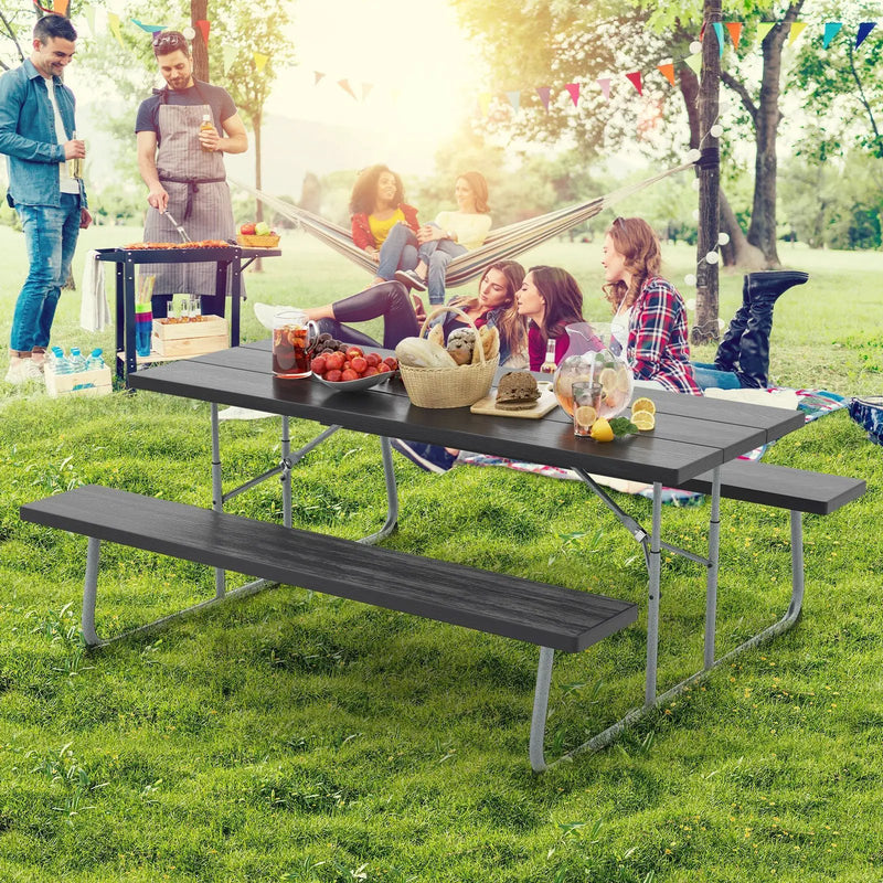Folding Picnic Table Set with Metal Frame and All-Weather HDPE Tabletop Umbrella Hole by DirectDeals