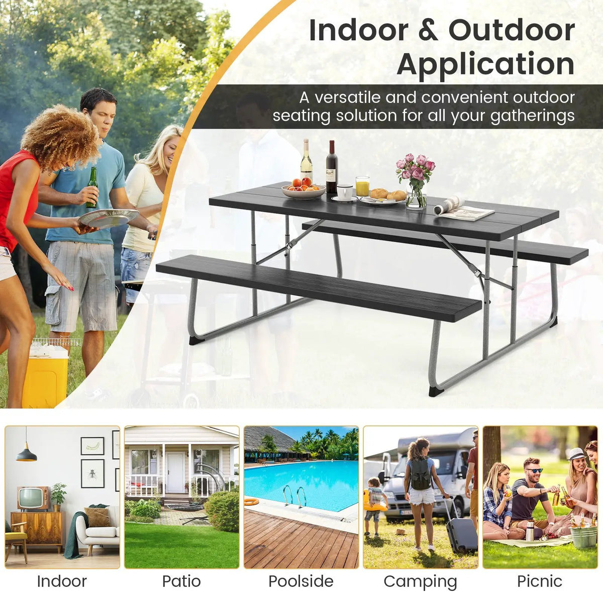 Folding Picnic Table Set with Metal Frame and All-Weather HDPE Tabletop Umbrella Hole by DirectDeals