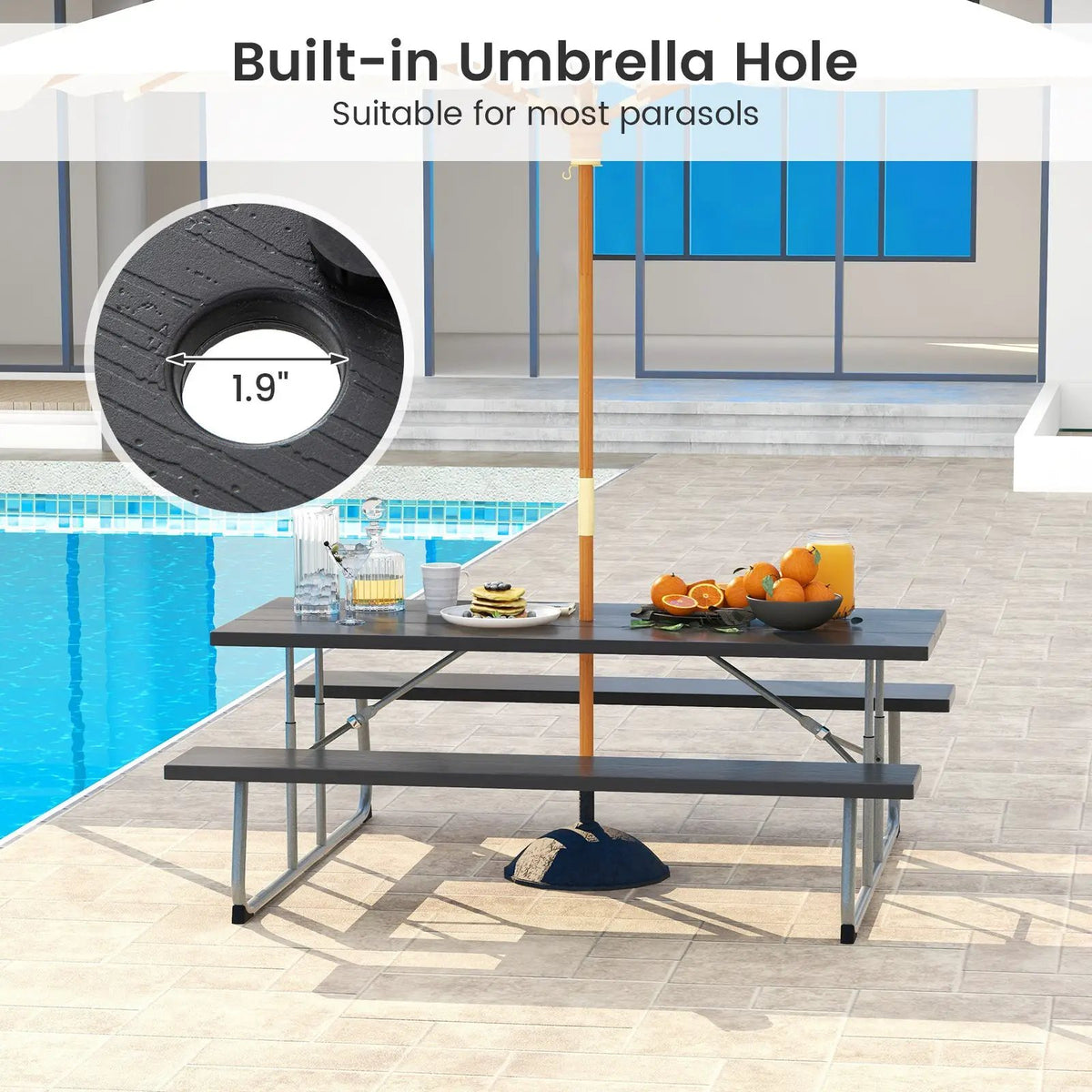 Folding Picnic Table Set with Metal Frame and All-Weather HDPE Tabletop Umbrella Hole by DirectDeals