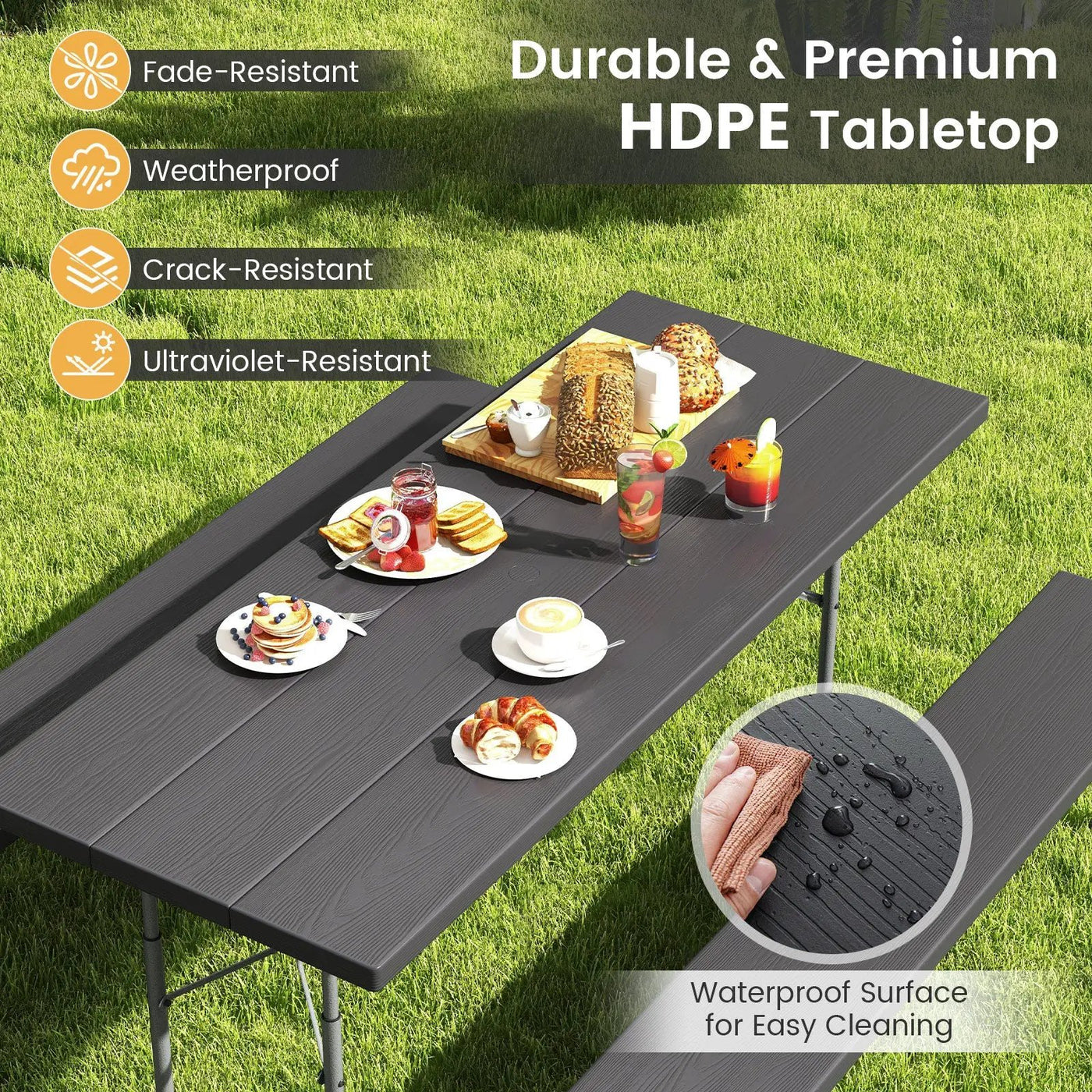Folding Picnic Table Set with Metal Frame and All-Weather HDPE Tabletop Umbrella Hole by DirectDeals